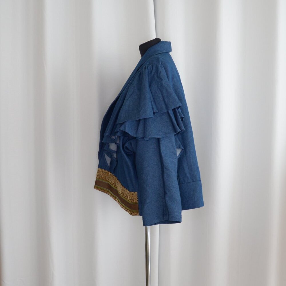 Handmade One of a Kind Denim Asymmetric Handpainted Ruffle Jacket Sz S-L - Picture 3 of 6